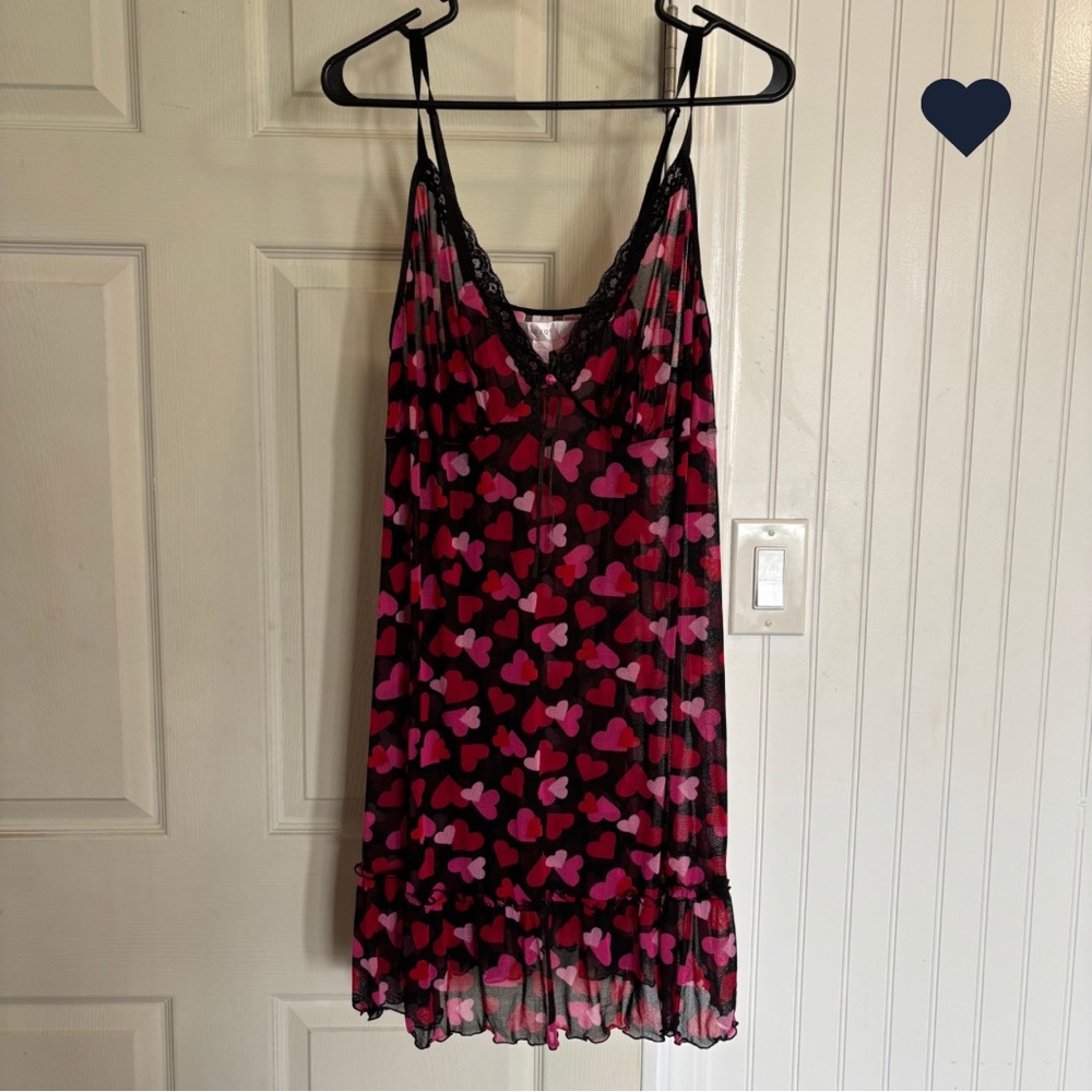 Cacique Lane Bryant Size 18/20 Mesh Heart Print Chemise Slip Lace neglige Y2k